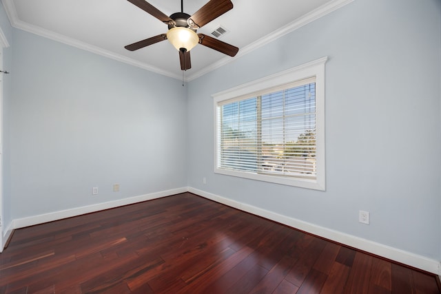 unfurnished room with ceiling fan, baseboards, ornamental molding, and dark wood-style floors