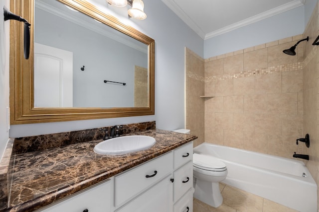 full bath with tile patterned floors, shower / bathing tub combination, vanity, toilet, and ornamental molding