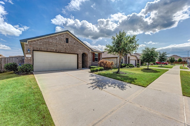 single story home with brick siding, driveway, a front lawn, and a garage