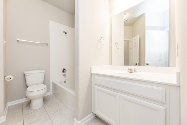 full bathroom with tile patterned floors, toilet, baseboards, shower / washtub combination, and vanity