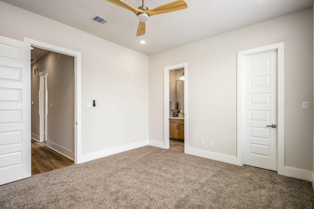 8411 Pech Landing Dr, Houston, TX 77055 - unfurnished bedroom with carpet, baseboards, connected bathroom, recessed lighting, and a ceiling fan
