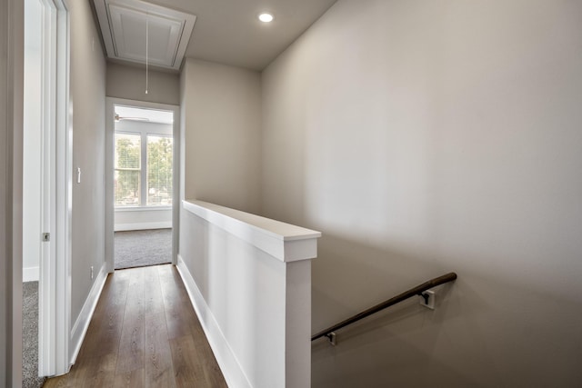 8411 Pech Landing Dr, Houston, TX 77055 - hallway with an upstairs landing, attic access, wood finished floors, recessed lighting, and baseboards