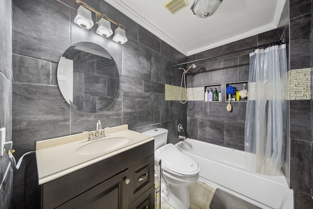 full bathroom featuring shower / bathtub combination with curtain, visible vents, toilet, tile walls, and crown molding