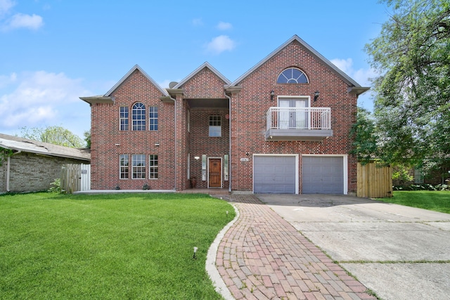 view of front of house featuring brick siding, driveway, a balcony, and a front yard