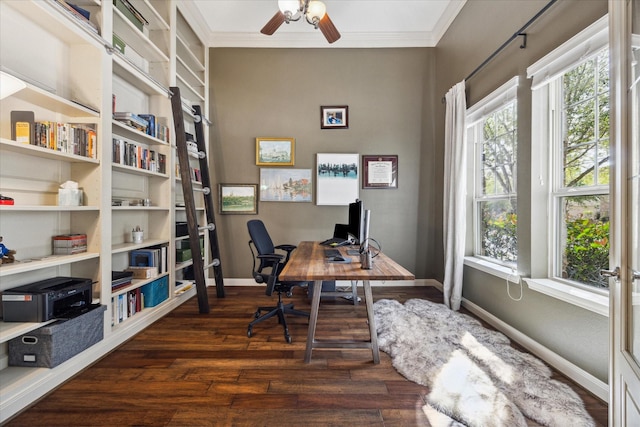 home office with ceiling fan, baseboards, ornamental molding, and wood finished floors