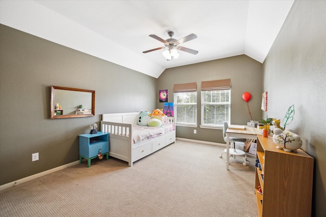 carpeted bedroom featuring ceiling fan, vaulted ceiling, and baseboards