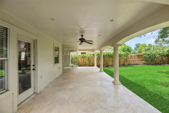 view of patio / terrace featuring a ceiling fan and a fenced backyard
