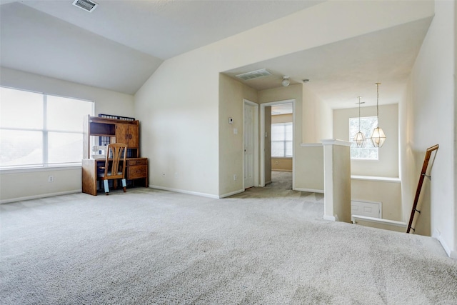 unfurnished living room featuring carpet floors, baseboards, a chandelier, and visible vents