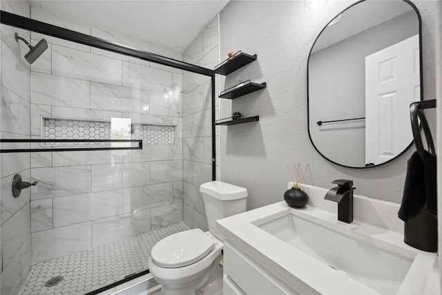 6810 Cohn St, Houston, TX 77091 - bathroom with a textured wall, vanity, a shower stall, and toilet