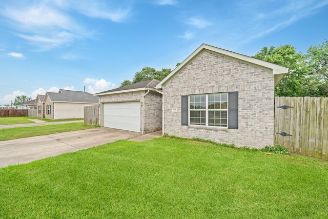 single story home featuring driveway, an attached garage, fence, a front lawn, and brick siding