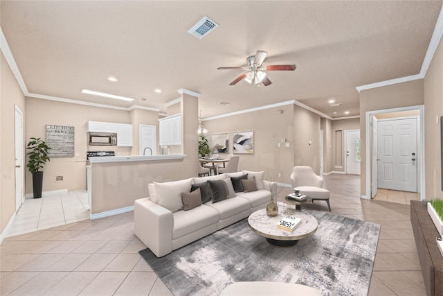 living area featuring light tile patterned flooring, visible vents, ceiling fan, and recessed lighting