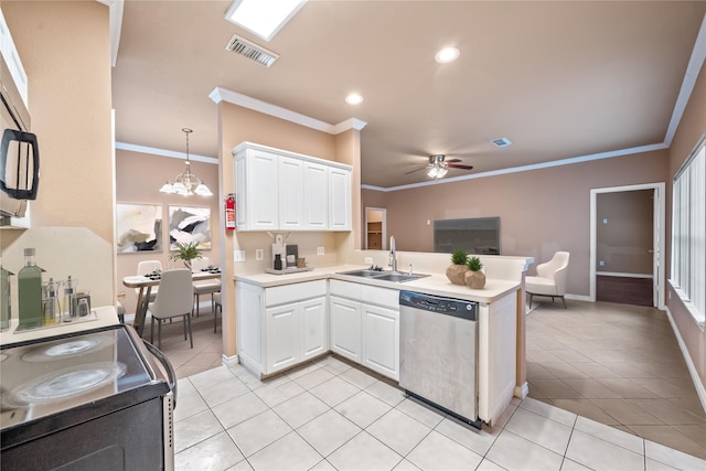kitchen with a sink, electric range oven, visible vents, a peninsula, and dishwasher