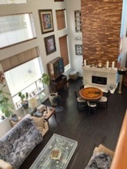 living room featuring wood finished floors and a fireplace