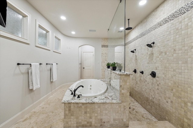 5021 Augusta St, Houston, TX 77007 - bathroom featuring visible vents, baseboards, recessed lighting, a garden tub, and a walk in shower