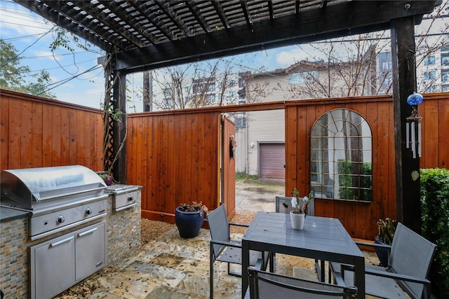 5021 Augusta St, Houston, TX 77007 - view of patio featuring a pergola, outdoor dining space, a fenced backyard, and a grill