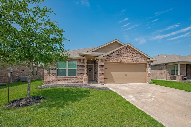 515 Green Clover Ln, Rosharon, TX 77583 - ranch-style home with brick siding, an attached garage, a front yard, and concrete driveway