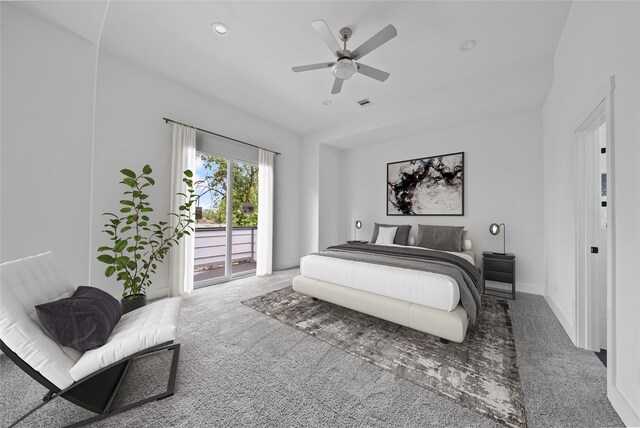 4519 Teton St, Houston, TX 77051 - carpeted bedroom with recessed lighting, access to exterior, visible vents, baseboards, and ceiling fan