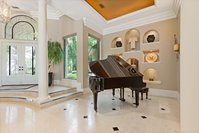 17511 Seidel Rd, Tomball, TX 77377 - living area featuring visible vents, ornamental molding, french doors, baseboards, and built in features