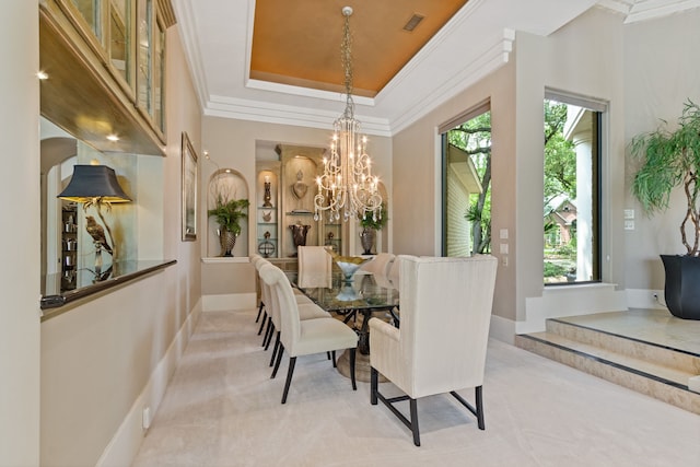 17511 Seidel Rd, Tomball, TX 77377 - dining space with light colored carpet, ornamental molding, visible vents, and a raised ceiling