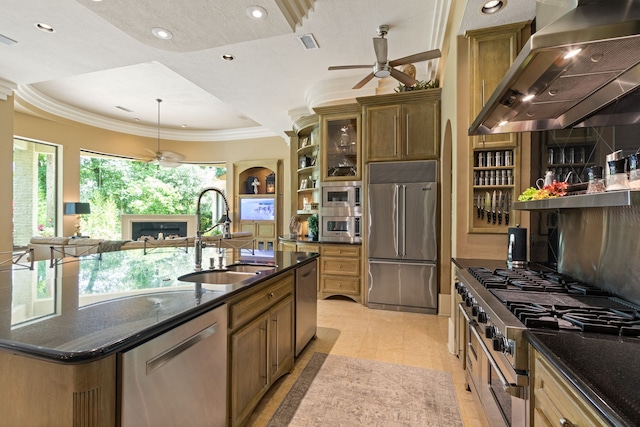17511 Seidel Rd, Tomball, TX 77377 - kitchen with open shelves, wall chimney exhaust hood, built in appliances, and a sink