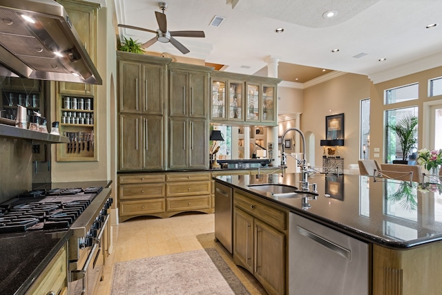 17511 Seidel Rd, Tomball, TX 77377 - kitchen featuring a sink, appliances with stainless steel finishes, range hood, ceiling fan, and ornamental molding