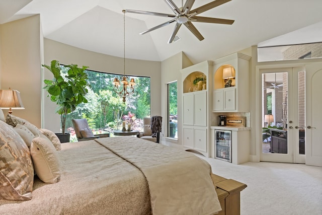 17511 Seidel Rd, Tomball, TX 77377 - bedroom featuring light carpet, wine cooler, a bar, access to outside, and high vaulted ceiling
