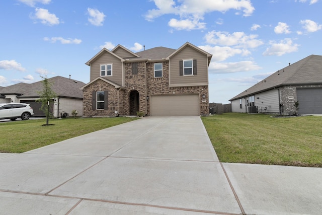 view of front of house with a front lawn, central AC, brick siding, an attached garage, and driveway