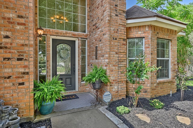 doorway to property with brick siding and a shingled roof