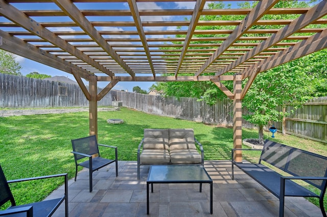 view of patio with a pergola, an outdoor living space, and a fenced backyard