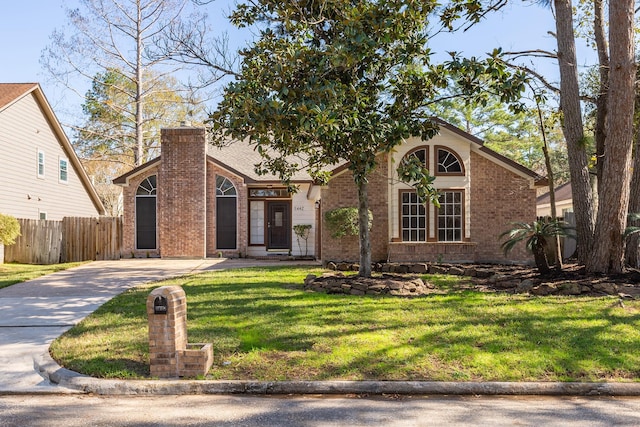 5442 Garden Village Dr, Kingwood, TX 77339 - mid-century home featuring a chimney, fence, a front lawn, concrete driveway, and brick siding