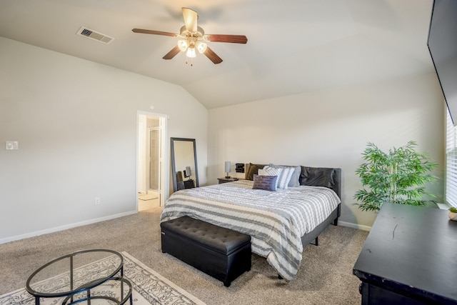 bedroom with light carpet, baseboards, visible vents, and vaulted ceiling