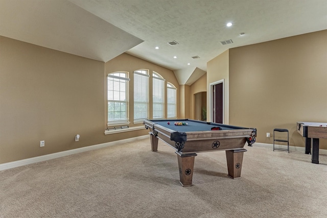 21411 Fairhaven Creek Dr, Cypress, TX 77433 - rec room with carpet floors, billiards, baseboards, lofted ceiling, and recessed lighting