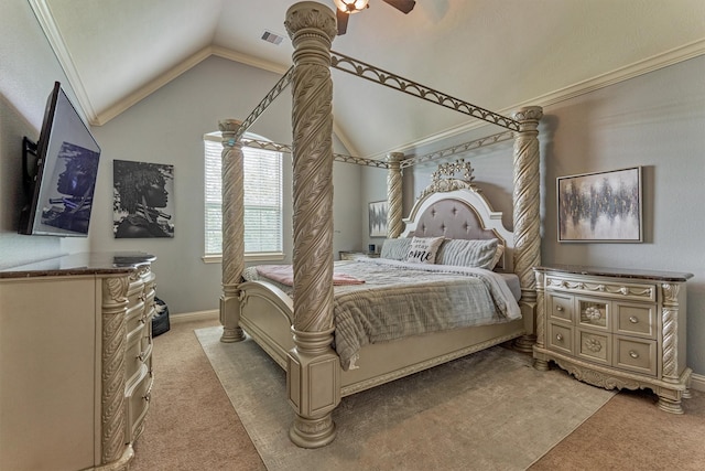 21411 Fairhaven Creek Dr, Cypress, TX 77433 - bedroom with light carpet, lofted ceiling, a ceiling fan, ornamental molding, and baseboards