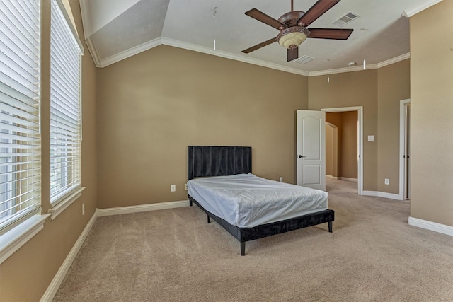 21411 Fairhaven Creek Dr, Cypress, TX 77433 - bedroom featuring light colored carpet, ornamental molding, baseboards, vaulted ceiling, and ceiling fan