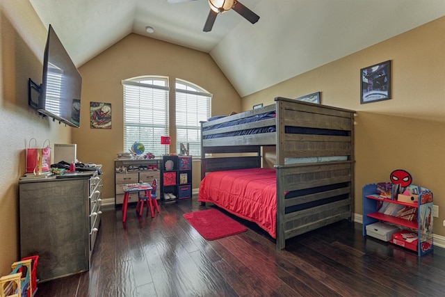 21411 Fairhaven Creek Dr, Cypress, TX 77433 - bedroom with wood finished floors, baseboards, vaulted ceiling, and ceiling fan