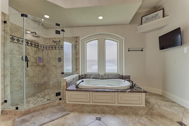 21411 Fairhaven Creek Dr, Cypress, TX 77433 - full bathroom with a garden tub, a stall shower, baseboards, ornamental molding, and recessed lighting