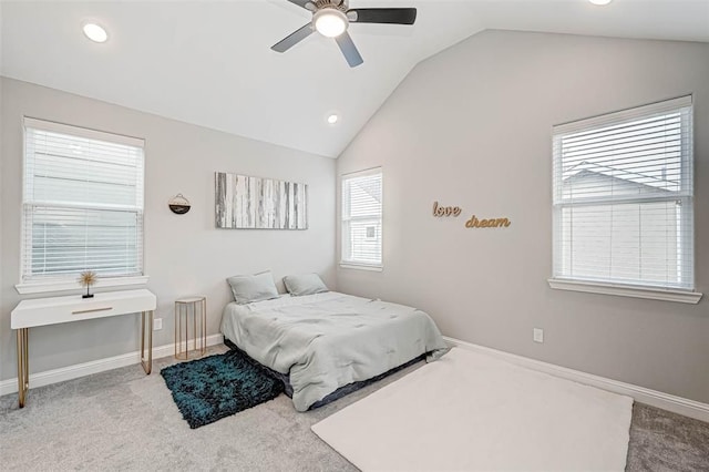 bedroom featuring recessed lighting, vaulted ceiling, baseboards, carpet flooring, and ceiling fan