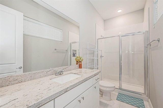 bathroom featuring tile patterned flooring, toilet, vanity, and a stall shower