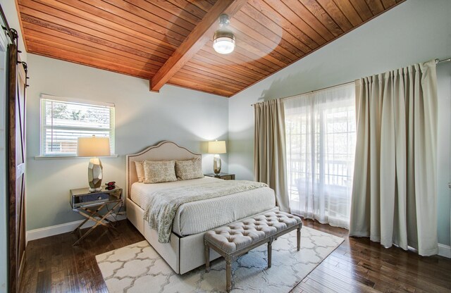 15708 Acapulco Dr, Jersey Village, TX 77040 - bedroom with lofted ceiling with beams, wooden ceiling, wood finished floors, and baseboards