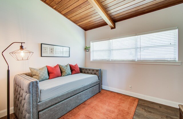 15708 Acapulco Dr, Jersey Village, TX 77040 - bedroom featuring wood finished floors, vaulted ceiling with beams, wooden ceiling, and baseboards
