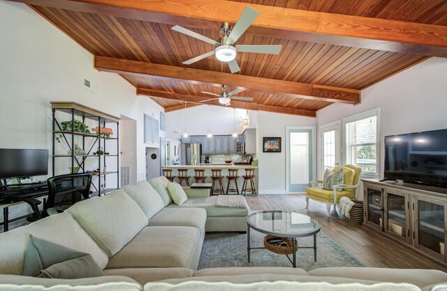15708 Acapulco Dr, Jersey Village, TX 77040 - living area with a ceiling fan, wood finished floors, vaulted ceiling with beams, wood ceiling, and visible vents