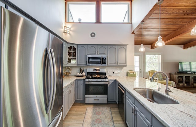 15708 Acapulco Dr, Jersey Village, TX 77040 - kitchen with a sink, light wood-style floors, backsplash, appliances with stainless steel finishes, and gray cabinetry