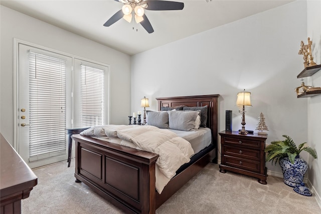 bedroom with ceiling fan, baseboards, access to outside, and light colored carpet