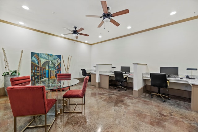 home office featuring finished concrete floors, ceiling fan, baseboards, ornamental molding, and recessed lighting
