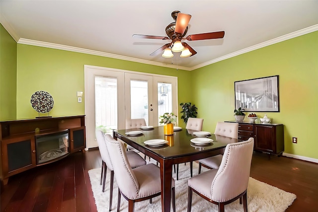 6415 Olympia Dr Unit 143, Houston, TX 77057 - dining room with ceiling fan, dark wood-style flooring, baseboards, and ornamental molding