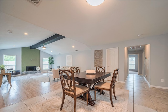 7730 Maple Tree Dr, Houston, TX 77088 - dining area with light tile patterned floors, ceiling fan, baseboards, recessed lighting, and attic access