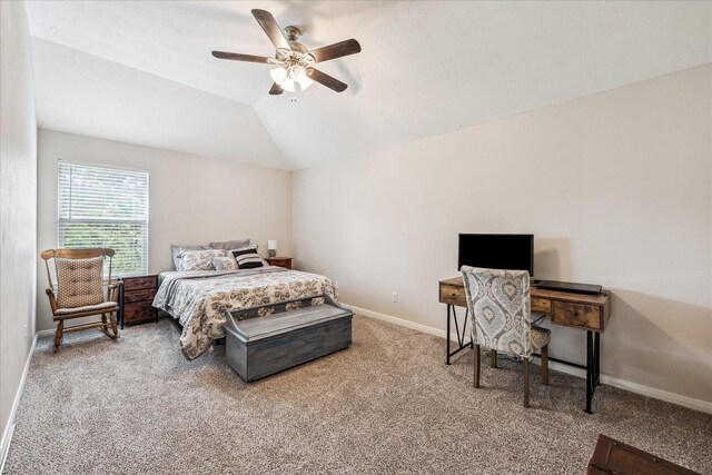 carpeted bedroom with baseboards, ceiling fan, and lofted ceiling