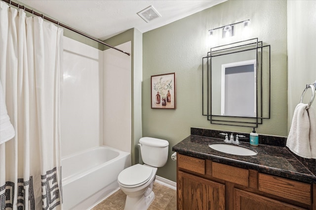 bathroom with visible vents, tile patterned flooring, shower / tub combo, vanity, and toilet