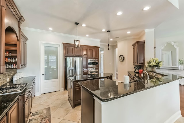 kitchen featuring dark stone countertops, recessed lighting, stainless steel appliances, and backsplash