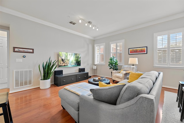 2400 Mccue Rd Unit 206, Houston, TX 77056 - living area with wood finished floors, track lighting, crown molding, and healthy amount of natural light